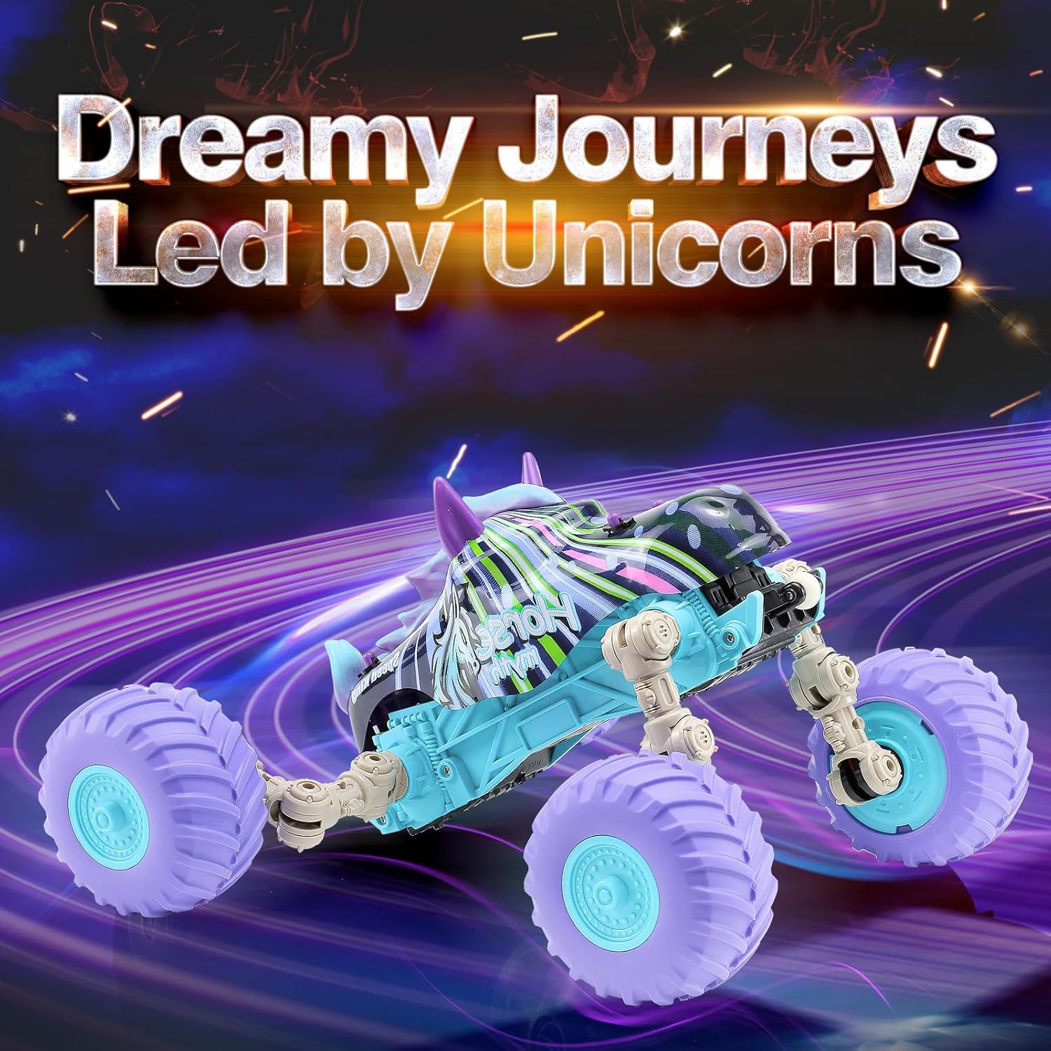 Masinuta pentru copii cu telecomanda, model Unicorn, transformabil, cu lumini LED