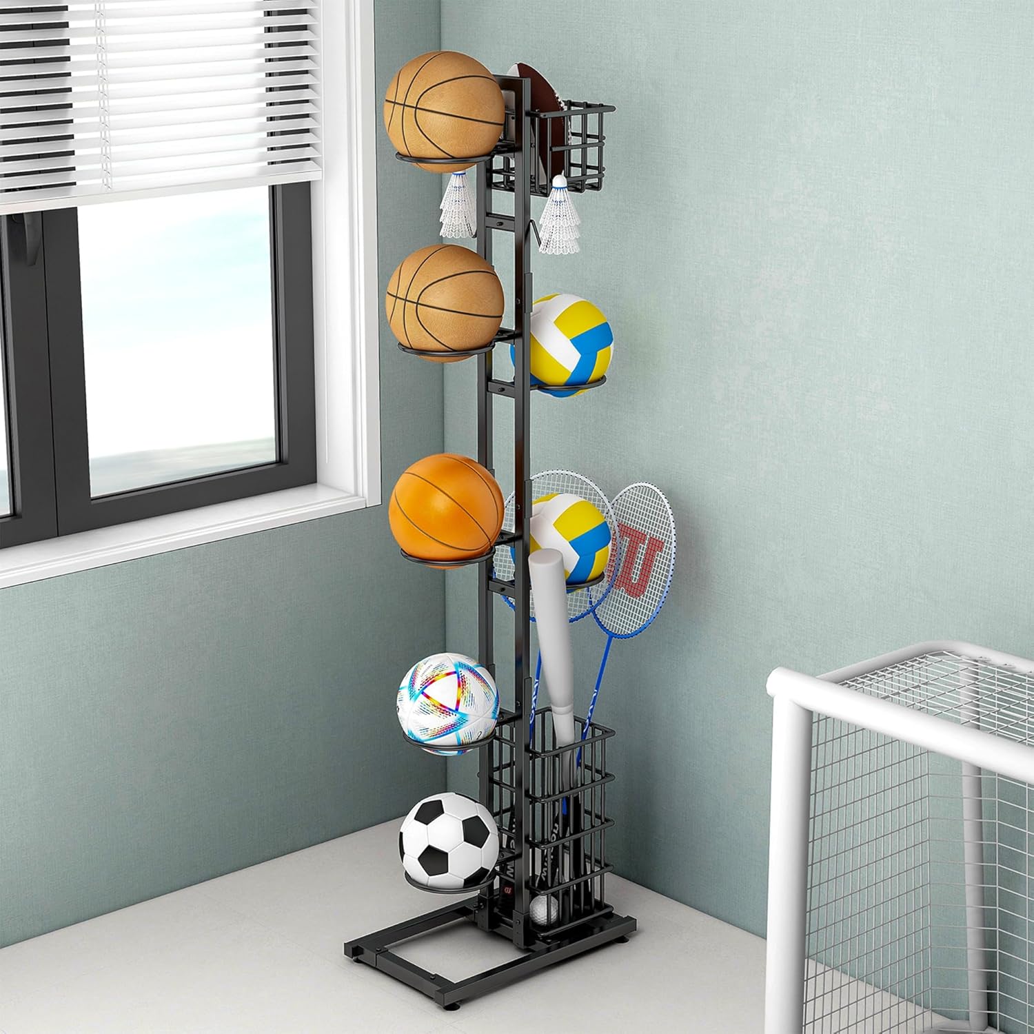 Raft de depozitare multifuncțional pentru echipamente sportive cu 7 rafturi, carlige si cos