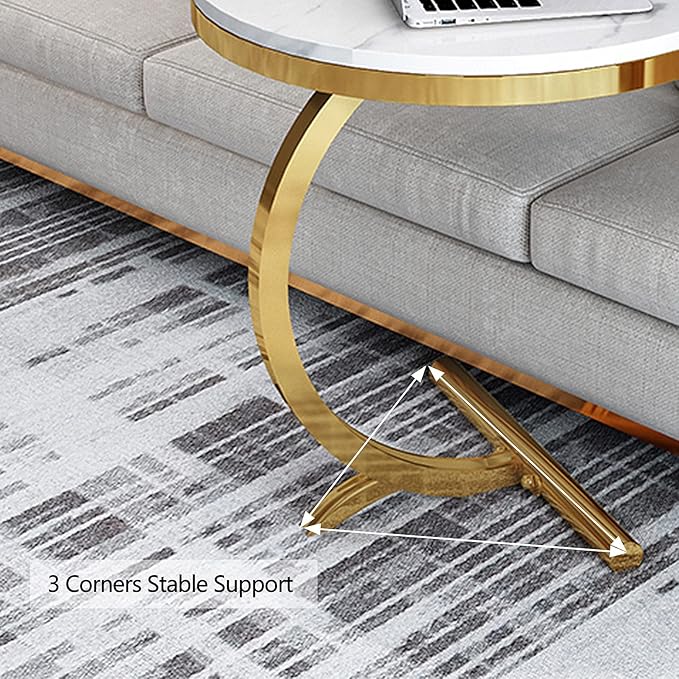 Masa laterala rotunda din otel inoxidabil auriu – stil nordic, model marmura alba 50 x60 cm