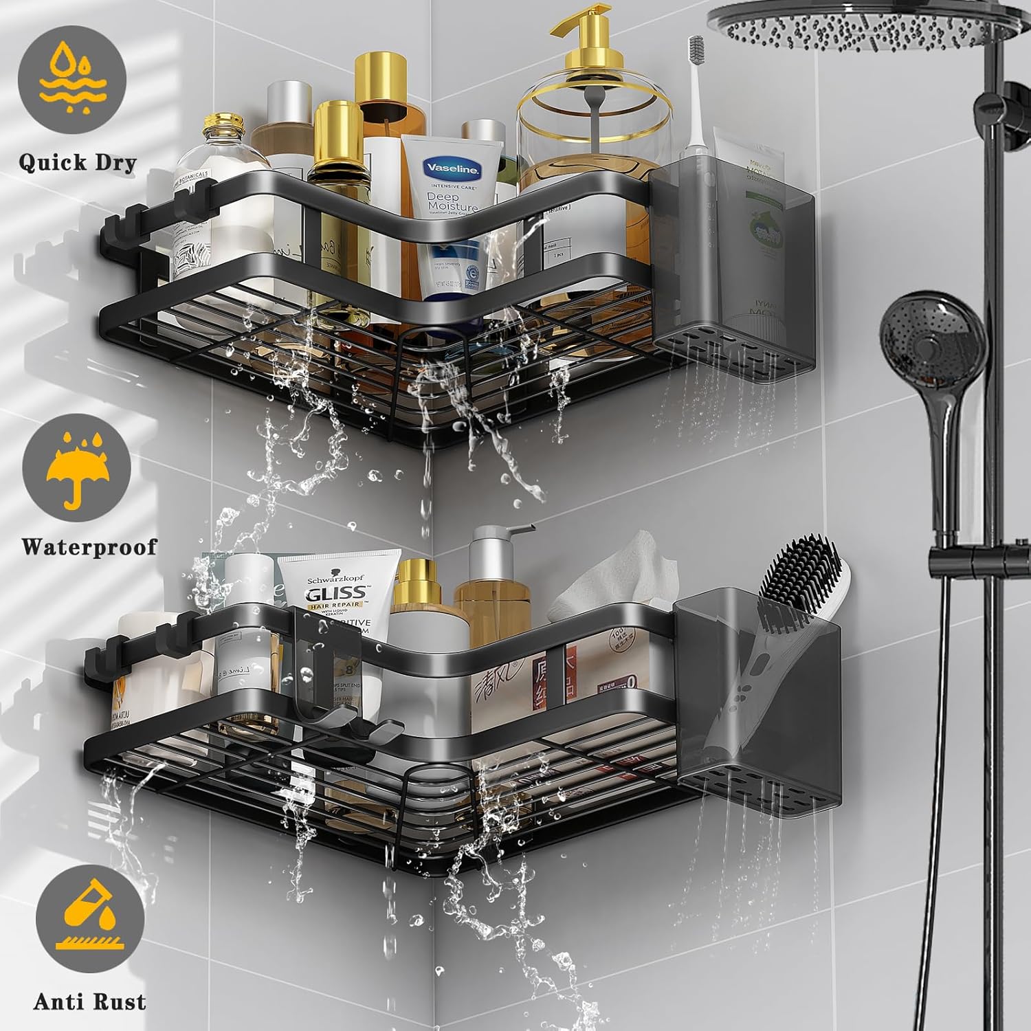 Set 2 rafturi de colt pentru baie sau bucatarie,5 piese, cu suport pentru periuta si pasta de dinti