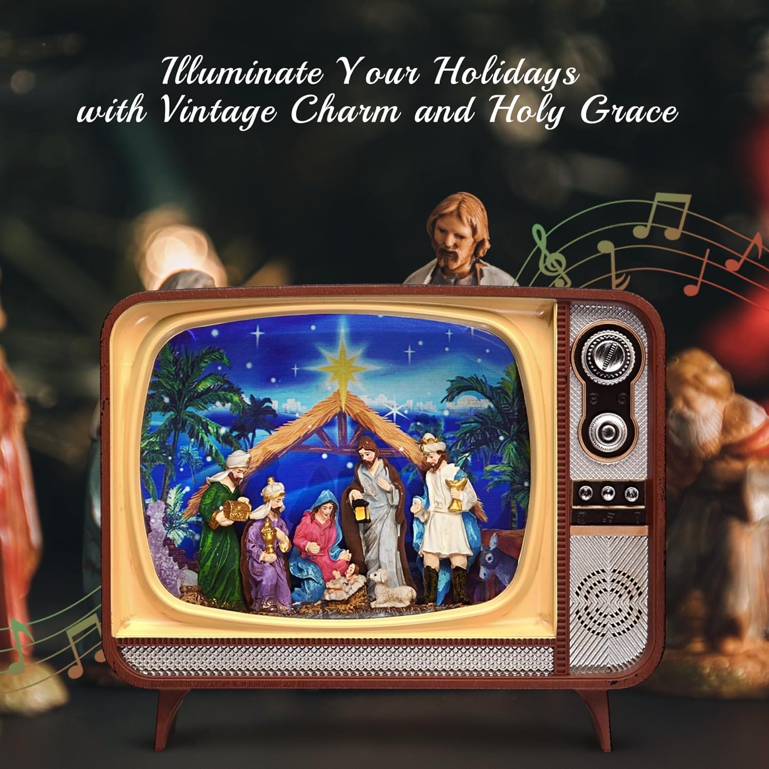 Decoratiune muzicala retro in stil TV cu scena de Craciun 20,83 x 11,94 x 17,27 cm