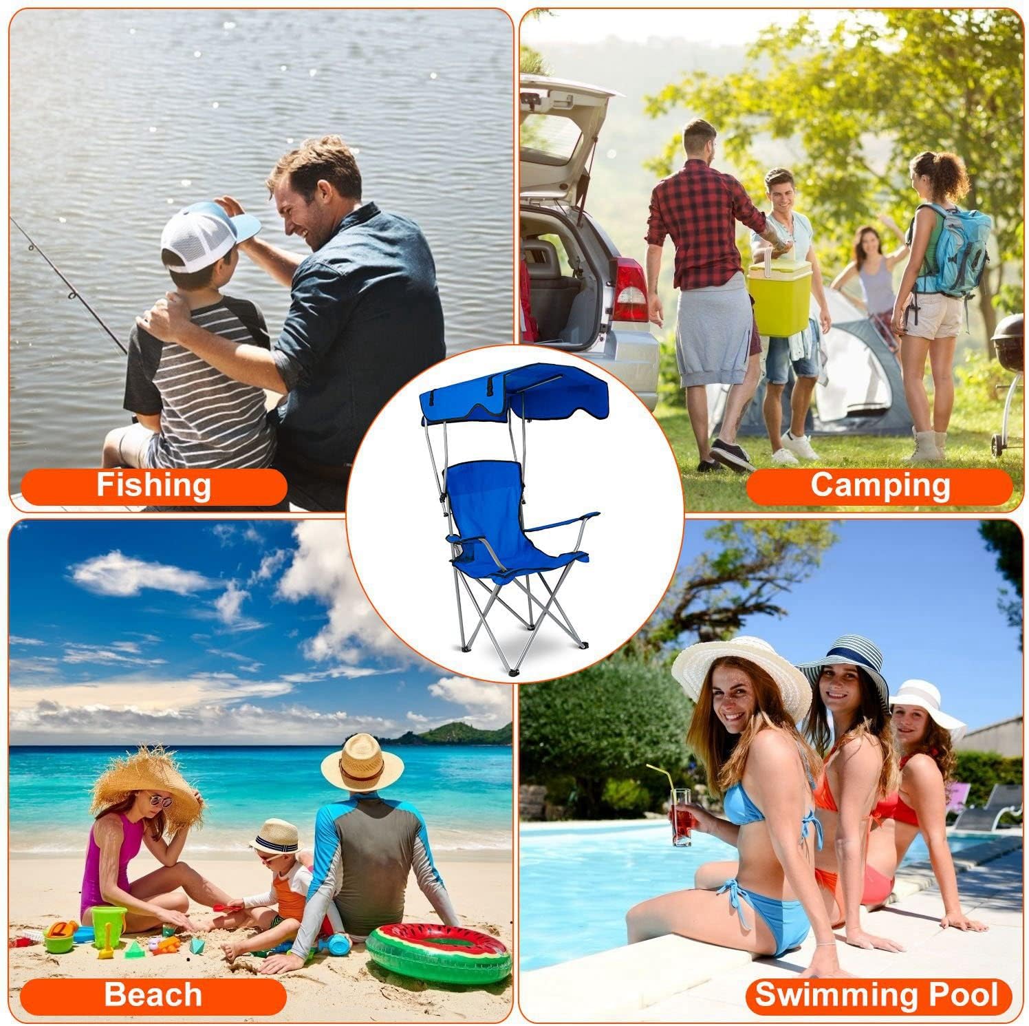 Scaun de plajă pliabil cu copertină solară 124 x 75 x 50 cm