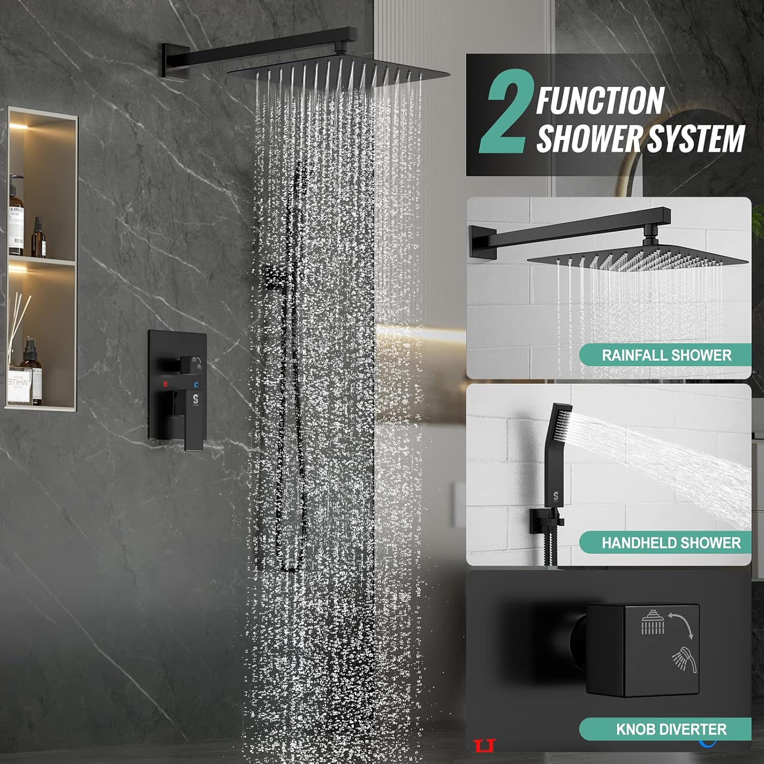 Set de dus incastrat cu para patrata de 25 cm, negru mat sau gri, cu 2 functii de curgere a apei