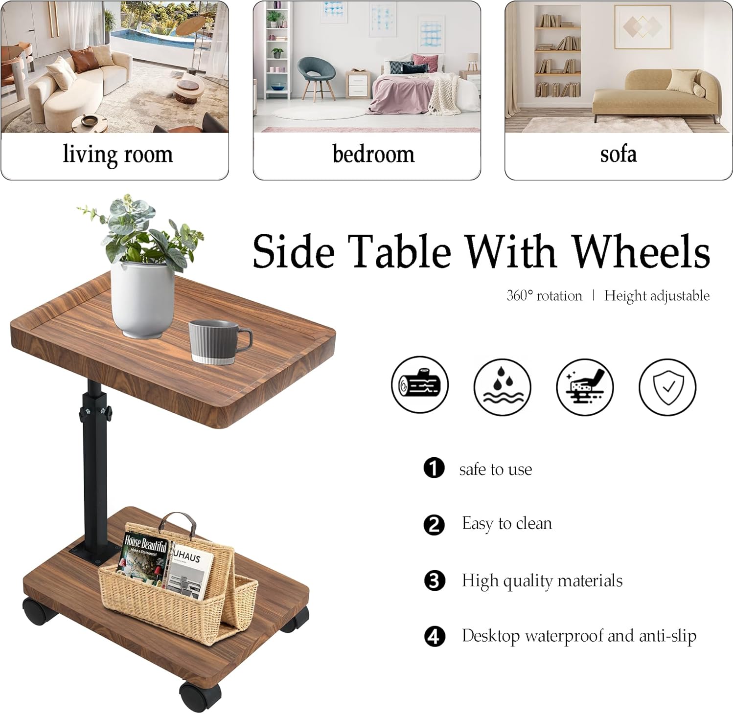 Masuta portabila pentru cafea, 2 blaturi MDF, inaltime ajustabila 45-80 cm, blat superior 40 x 30 cm, maro