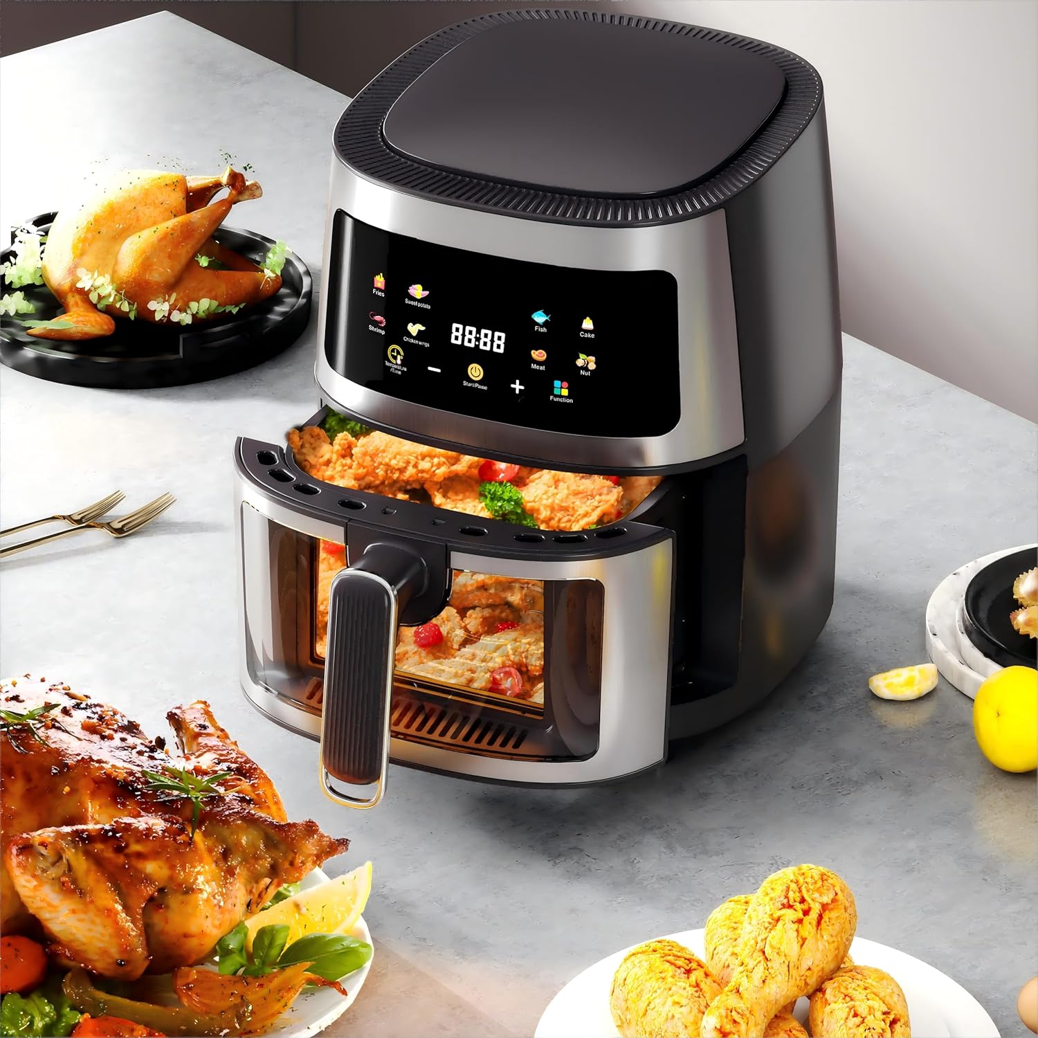 Friteuza cu aer cald, Air Fryer 8L, 2400 W, afisaj digital LCD color, Touch control, otel inoxidabil