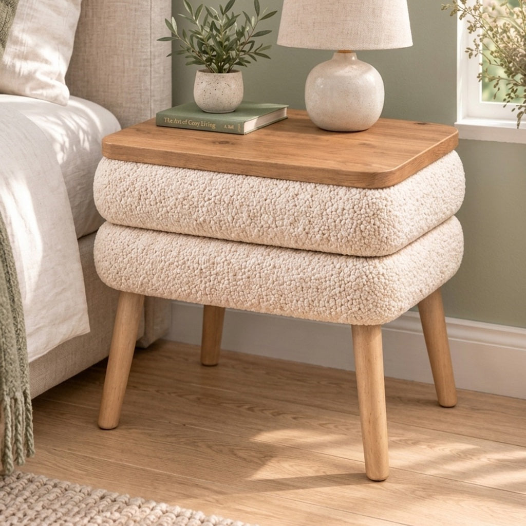 NOYA Noptiera Tapitata Crem 50x45x45cm Design Scandinav Picioare Conice - imagine principala
