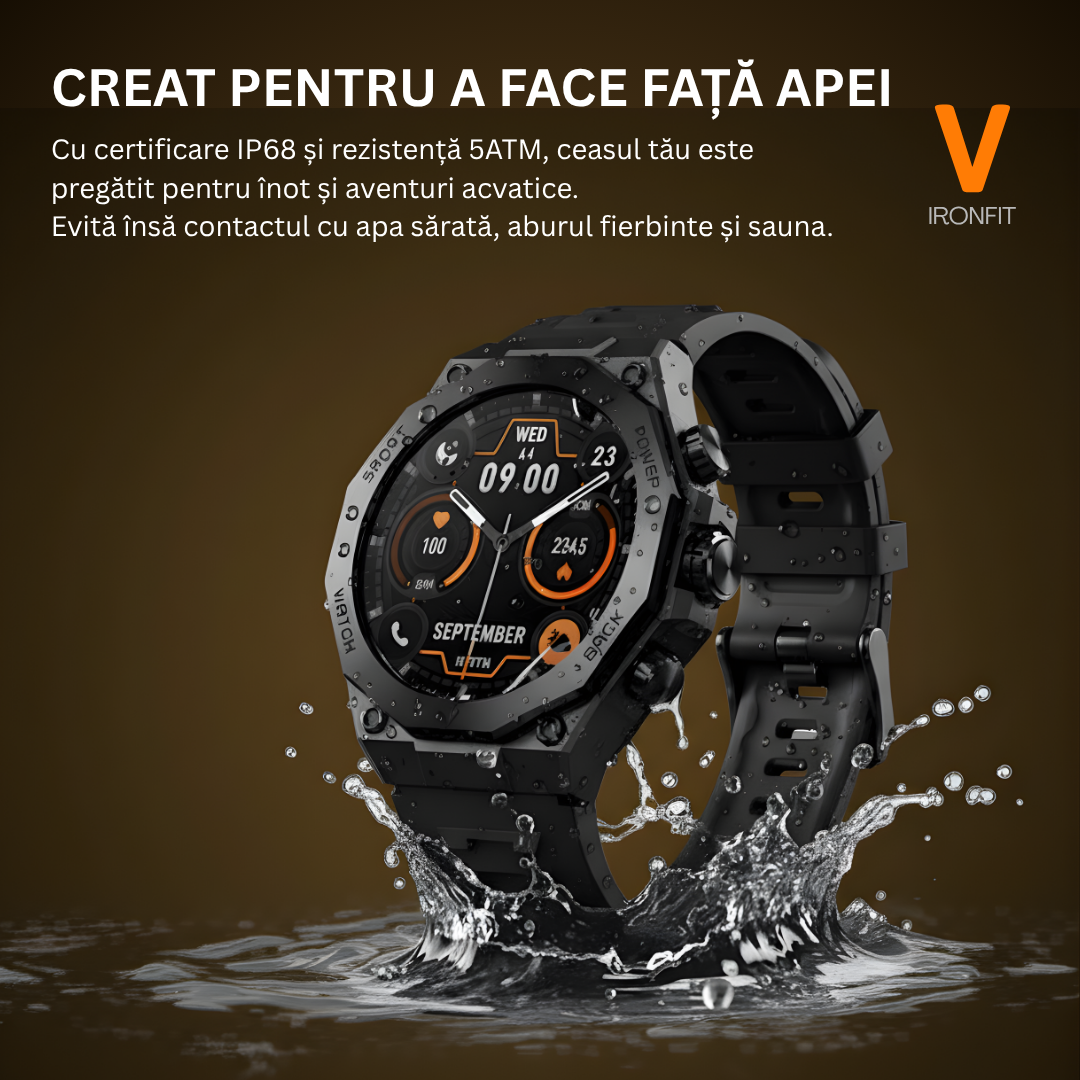 Ceas Smartwatch Barbati IRONFIT, Ecran AMOLED 1.43", Fitness, Sport, Apel Bluetooth, Notificari Limba Romana, Microfon HD, Rezistent Apa 5ATM, 2 Curele Incluse, Negru