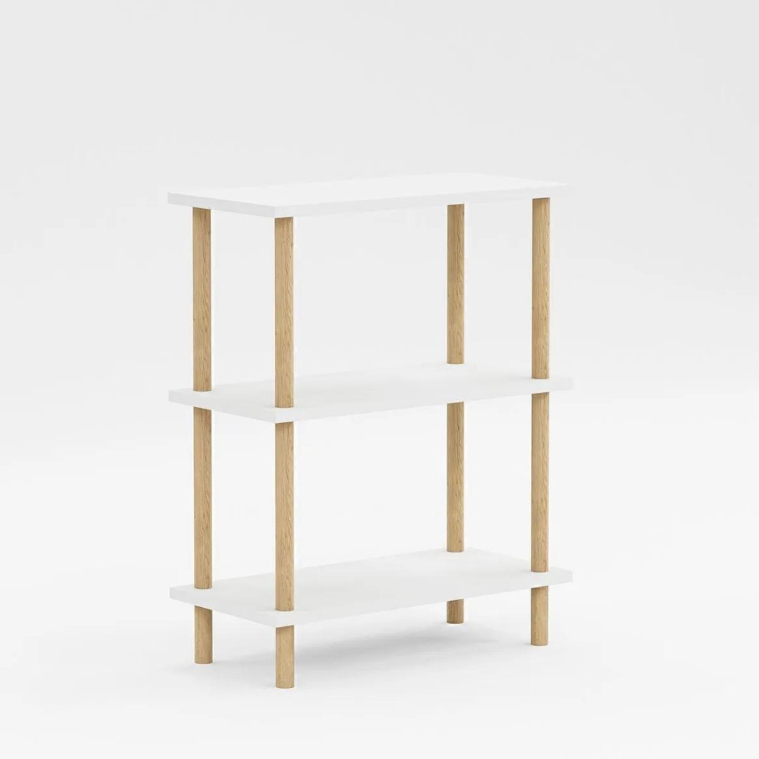 Etajera decorativa cu 3 rafturi si picioare din lemn – ideala ca biblioteca sau masuta laterala