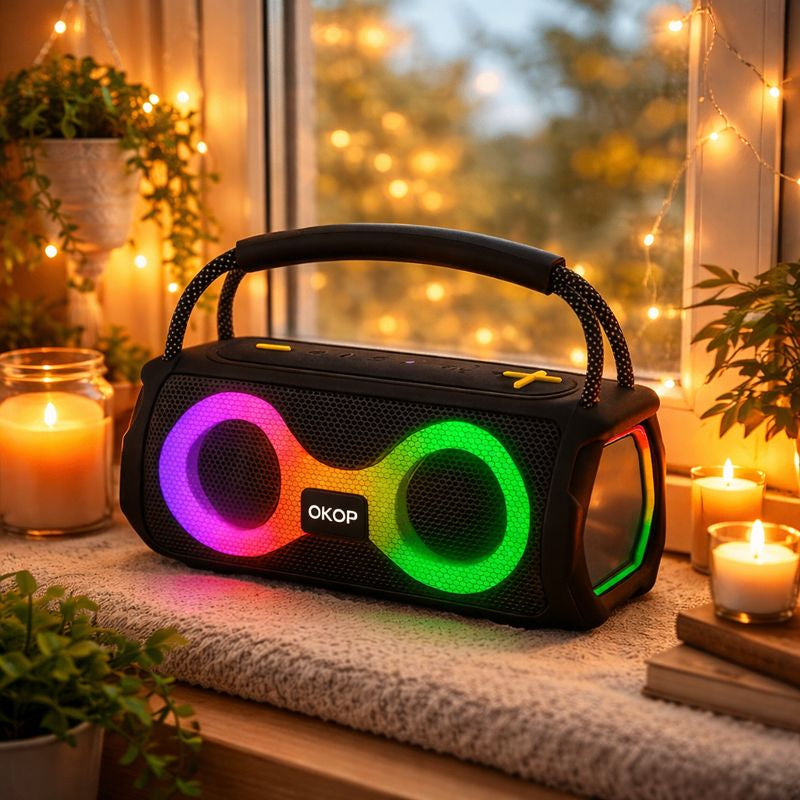 Boxa Portabila Bluetooth OKOP KP-812 cu iluminare LED RGB si Maner