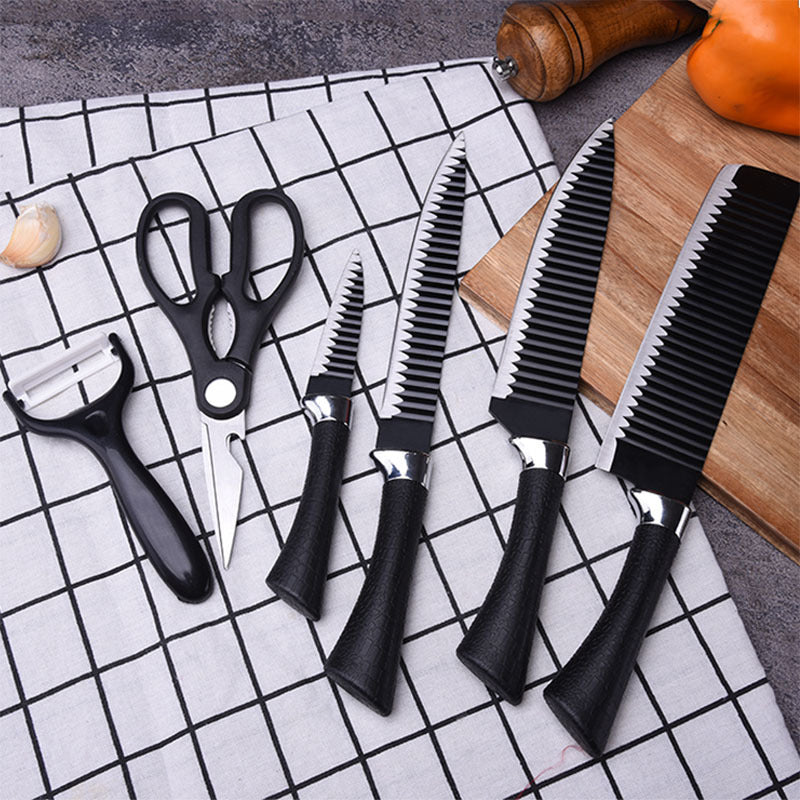 Set cuțite de bucătărie 6 piese – cuțite negre, foarfecă și curățător - detaliu produs