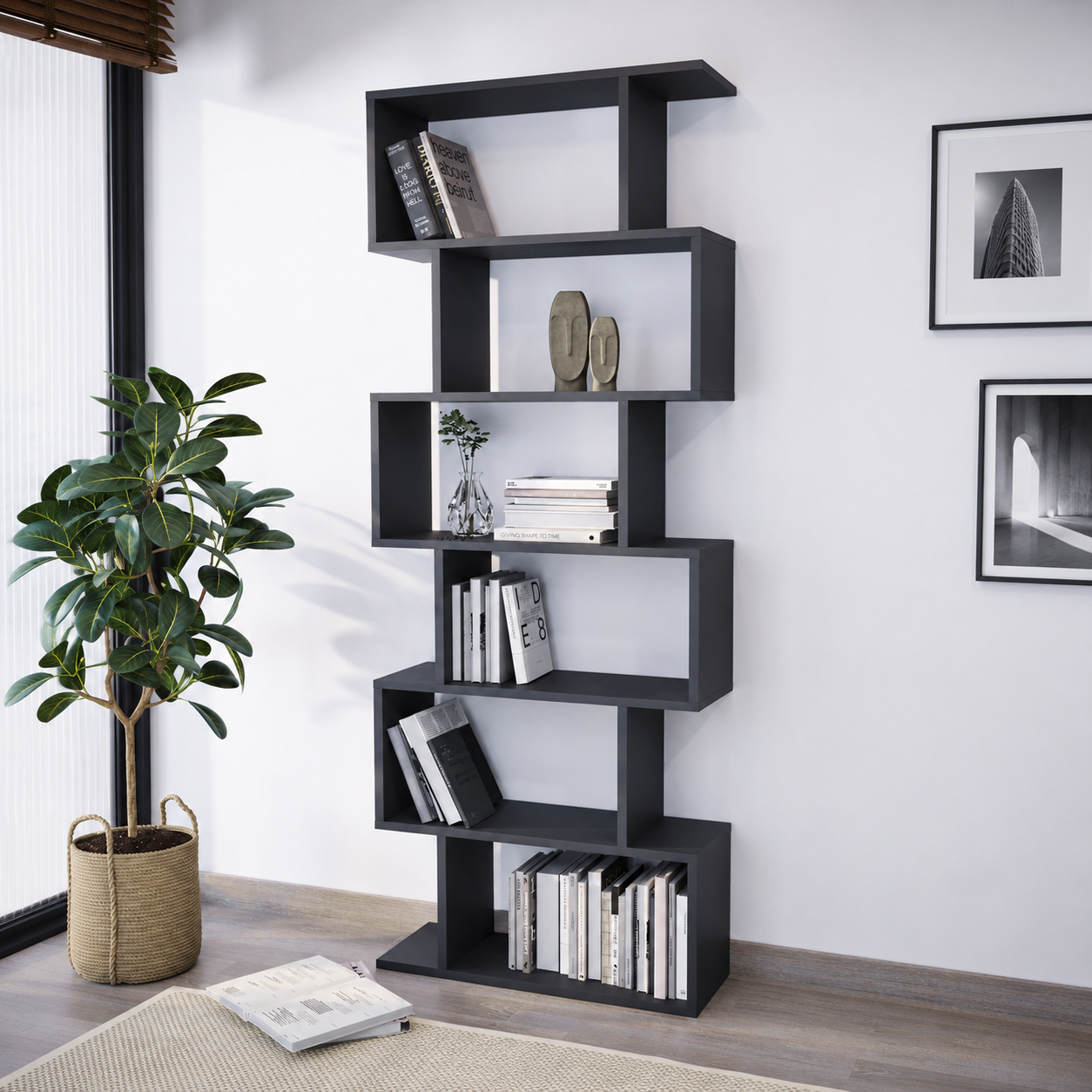 Bibliotecă modernă cu 6 rafturi asimetrice 80x25x190,2 cm - imagine 5