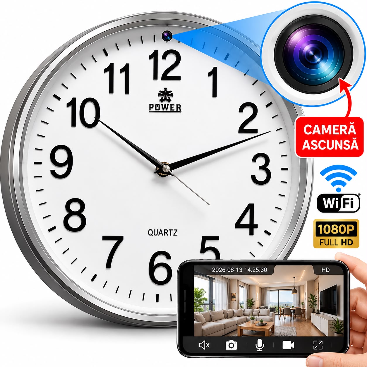 Ceas de Perete cu Camera Spion Wireless Alb 1080p Detectie Miscare - imagine principala