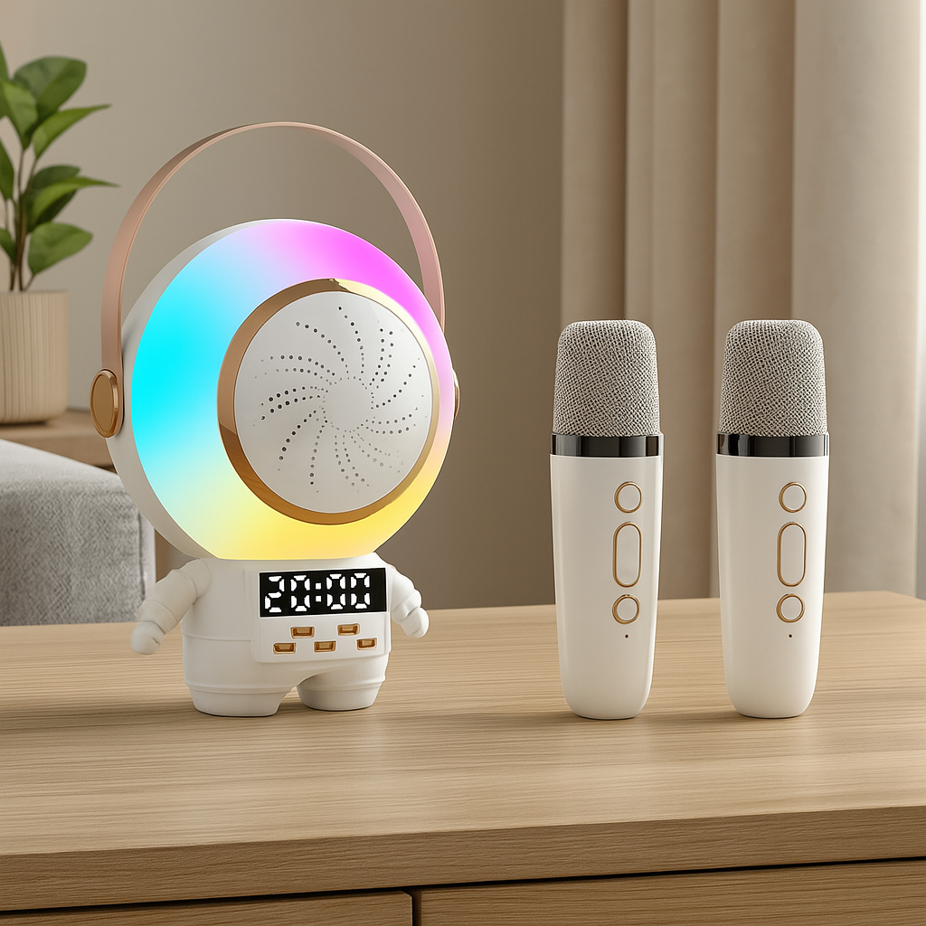 Boxa karaoke portabila cu 1 microfon wireless, Bluetooth, ceas si alarma