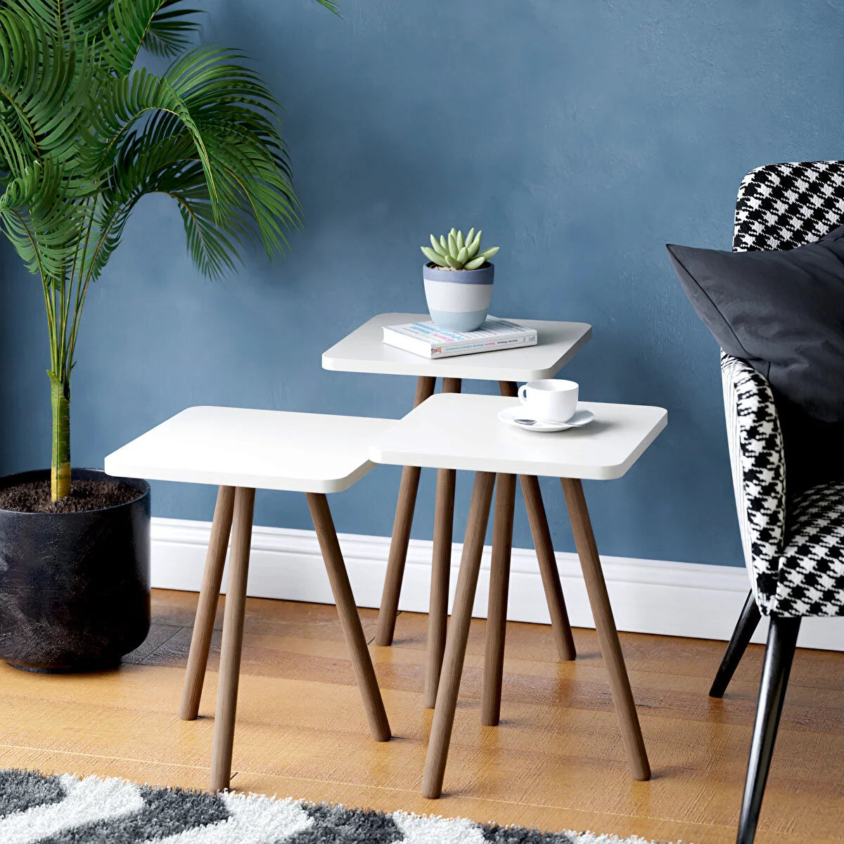 Set 3 masute decorative cu picioare din lemn 34x34 cm, 3 inaltimi (41 / 45 / 49 cm)