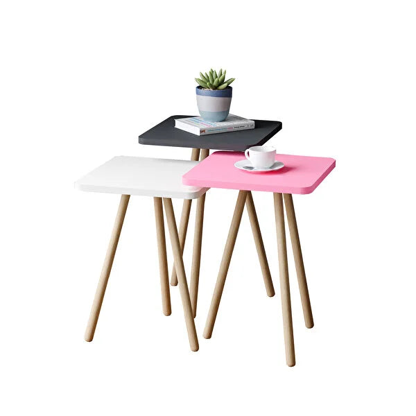 Set 3 masute decorative cu picioare din lemn 34x34 cm, 3 inaltimi (41 / 45 / 49 cm)