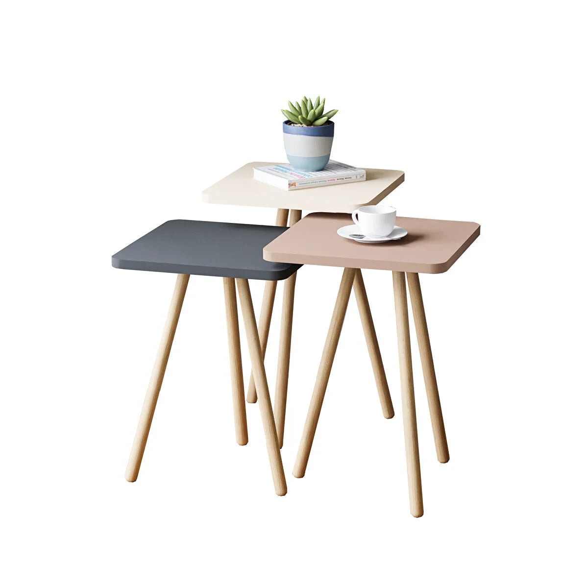 Set 3 masute decorative cu picioare din lemn 34x34 cm, 3 inaltimi (41 / 45 / 49 cm)