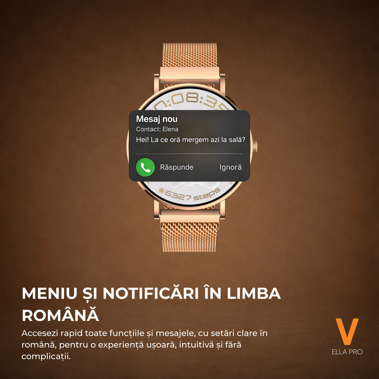 Ceas Smartwatch Dama ELLA PRO Vivendo®, Ecran AMOLED 1.32", Fitness, Apel Bluetooth, Notificari Limba Romana, ChatGPT AI, Incarcare Wireless, Rezistent Apa IP68, 2 Curele Incluse