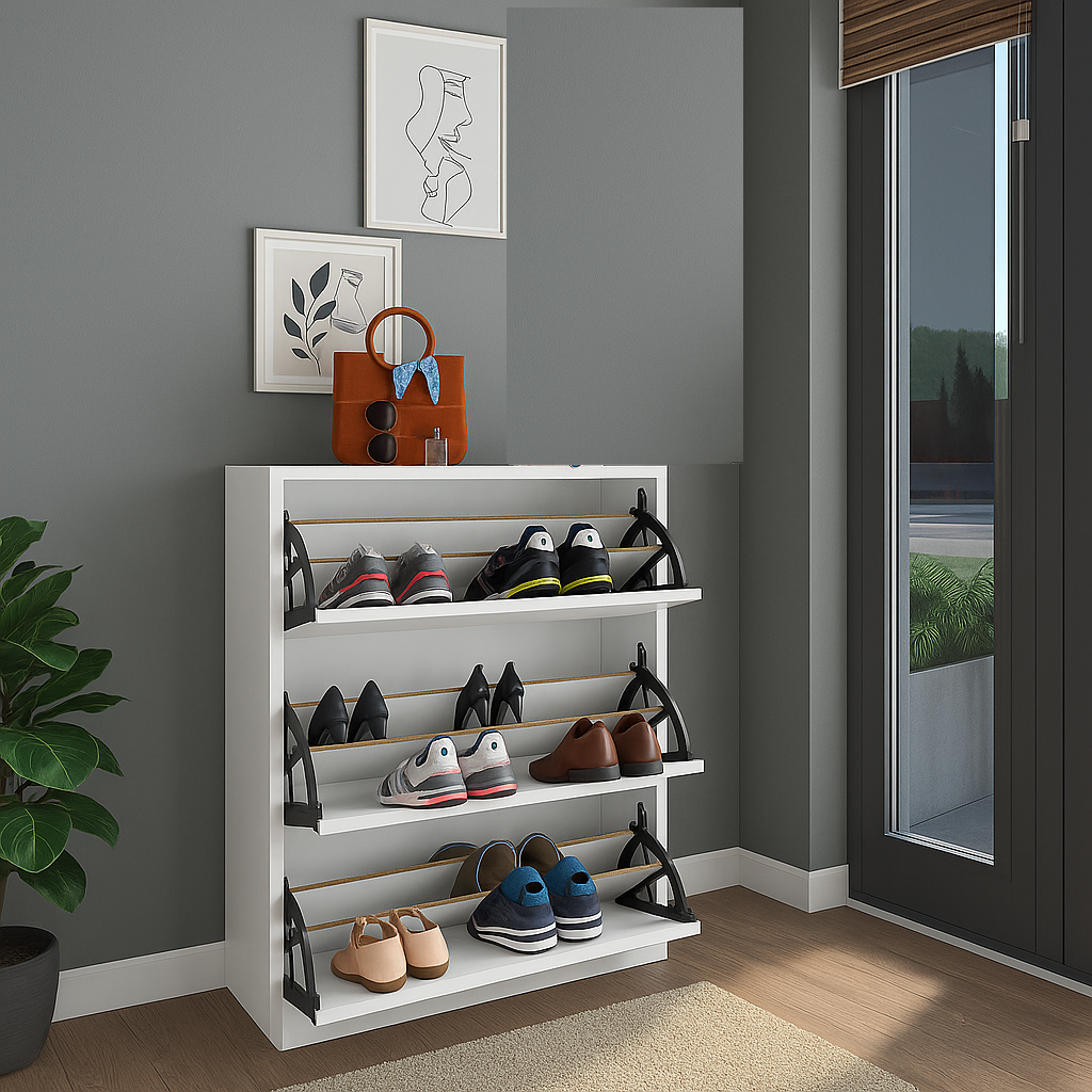 Pantofar cu usa rabatabila si rafturi glisante, 3 compartimente, PAL melaminat de 18 mm, 110 x 73,5 x 22 cm