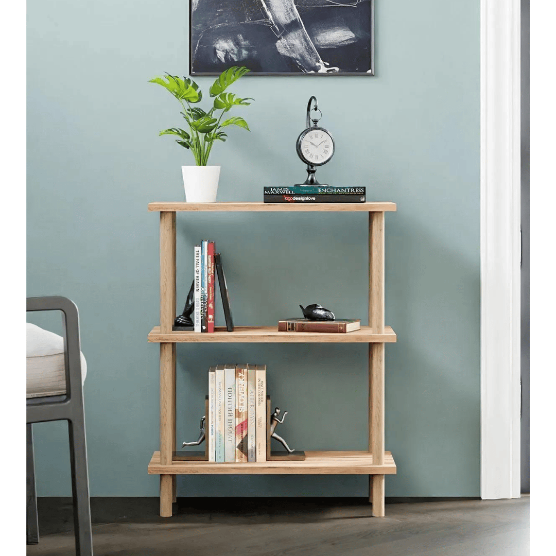 Etajera decorativa cu 3 rafturi si picioare din lemn – ideala ca biblioteca sau masuta laterala