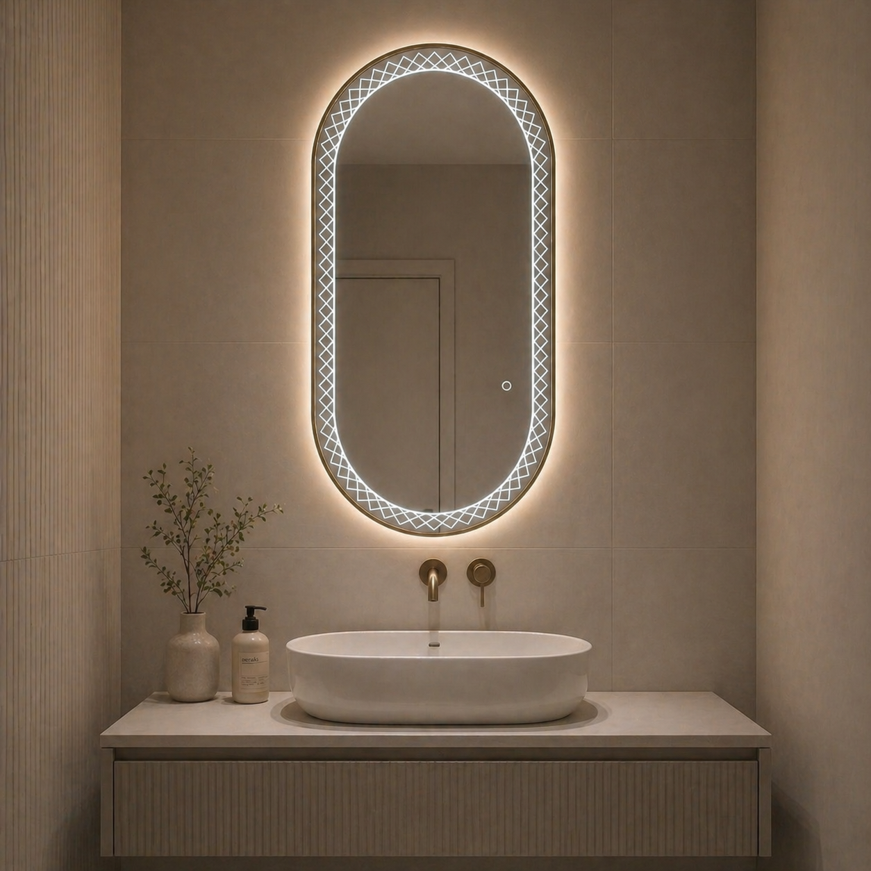 Oglinda LED Premium 120x70 cm Ovala Iluminare Ambientala 3 Culori Touch Design Elegant cu Model Decorativ