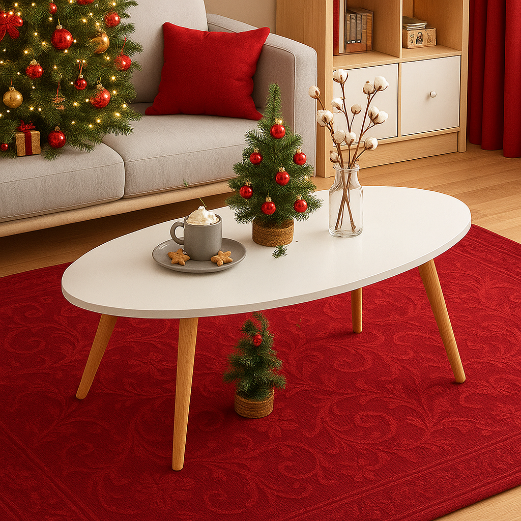 Masuta de Cafea Ovala 80x40x40 cm, Design Modern Alb cu Picioare din Lemn