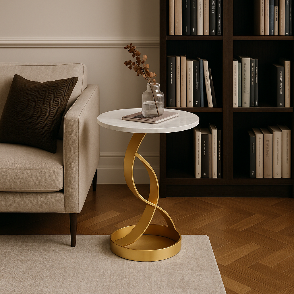 Masuta laterala moderna cu blat tip marmura si cadru metalic, design nordic slim, 50 x 33 x 55 cm