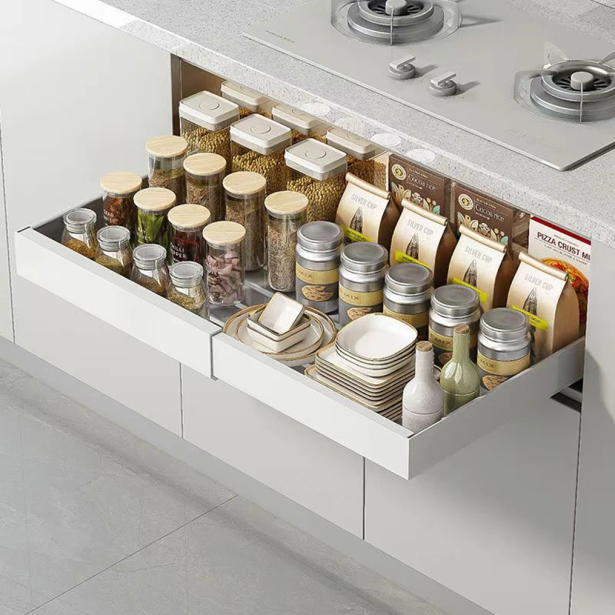 Sertar extensibil din metal cu 2 glisiere autoadezive soft-close, extragere totala, 32-50 cm x 42 cm, alb