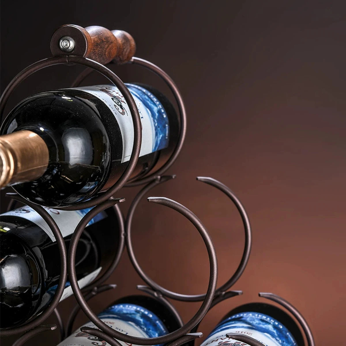 Suport pentru 6 sticle de vin, design modern, lemn natural si otel, 32.5 x 16 x 30 cm