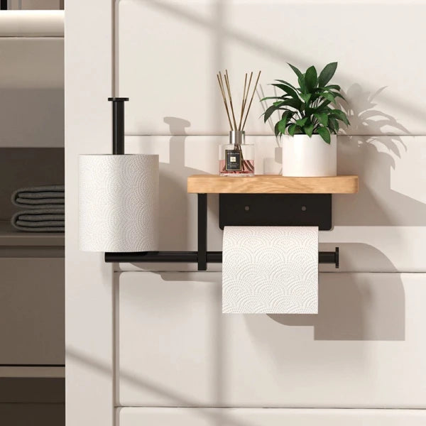 Suport multifunctional pentru hartia igienica din otel si lemn, 2 moduri de montare, negru