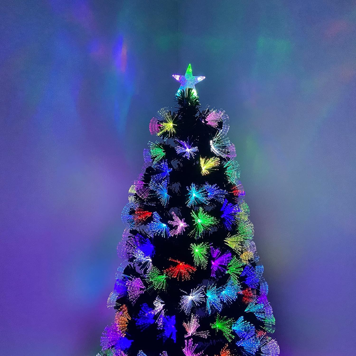 Brad artificial cu fibra optica multicolora si LED-uri, suport metalic, 120cm pana la 240cm