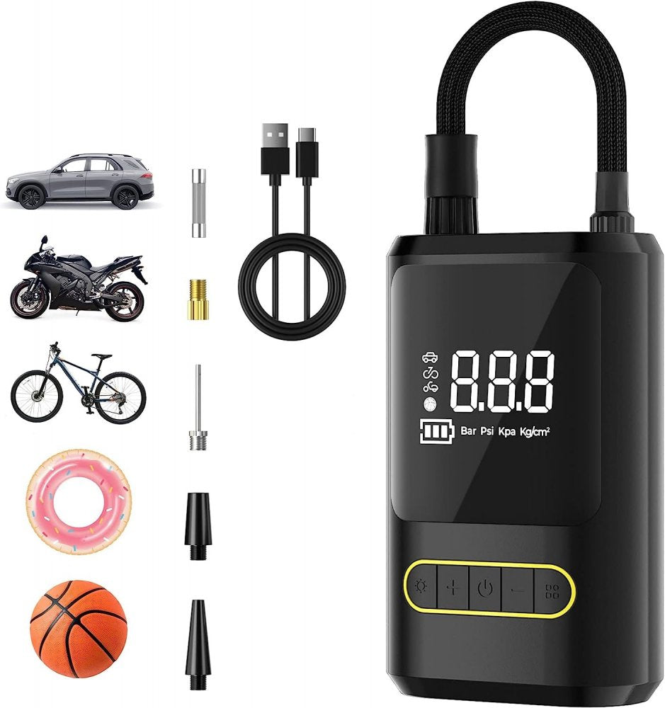 Pompa aer auto electrica, afisaj digital LCD, Lanterna LED, Portabila, Reincarcare USB C, baterie 4000 mAh, Manometru digital, 120 W, sundiguer, Negru