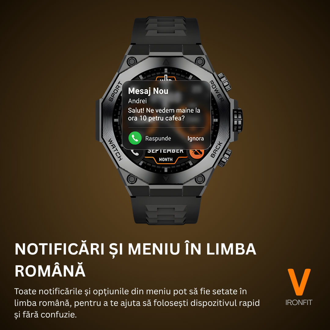 Ceas Smartwatch Barbati IRONFIT, Ecran AMOLED 1.43", Fitness, Sport, Apel Bluetooth, Notificari Limba Romana, Microfon HD, Rezistent Apa 5ATM, 2 Curele Incluse, Negru