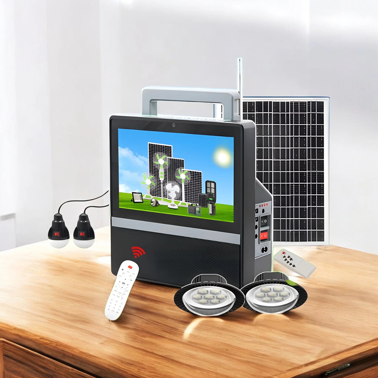 Televizor Solar 10 inch GD8088 cu 2 Proiectoare LED si 2 Becuri LED de 5W si Power Bank USB