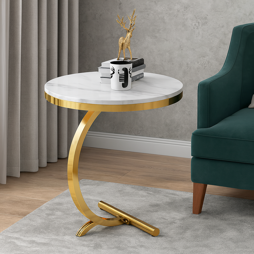 Masa laterala rotunda din otel inoxidabil auriu – stil nordic, model marmura alba 50 x60 cm