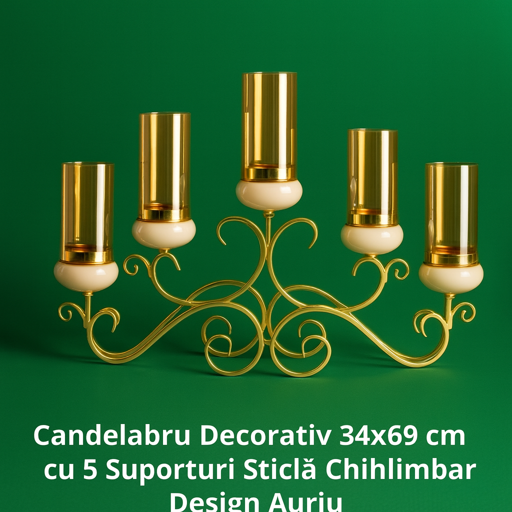 Candelabru Decorativ 34x69 cm cu 5 Suporturi Sticla Chihlimbar, Design Auriu