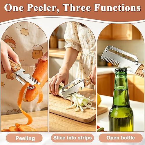 Set 2 curatatoare multifunctionale 2 in 1 pentru fructe si legume, cu deschizator de sticle integrat, lame din otel inoxidabil si maner din lemn - detaliu produs