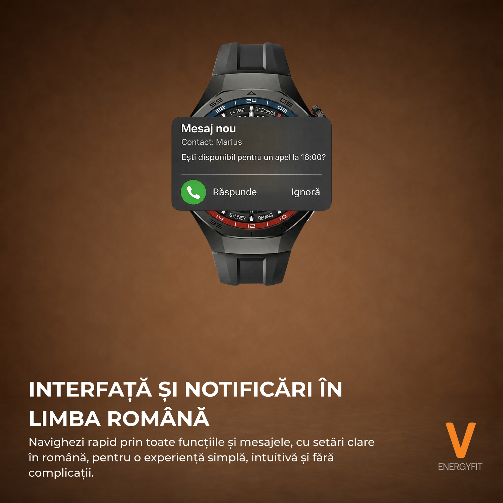 Ceas Smartwatch ENERGYFIT, Ecran AMOLED 1.43", Apel Bluetooth, ChatGPT AI, Notificari Romana, Fitness, Sport, Rezistent Apa 5ATM, Incarcare Wireless, 2 Curele, Negru