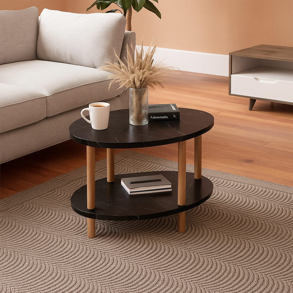 Masa de cafea ovala, cu raft inferior depozitare, 43 x 70 x 44 cm