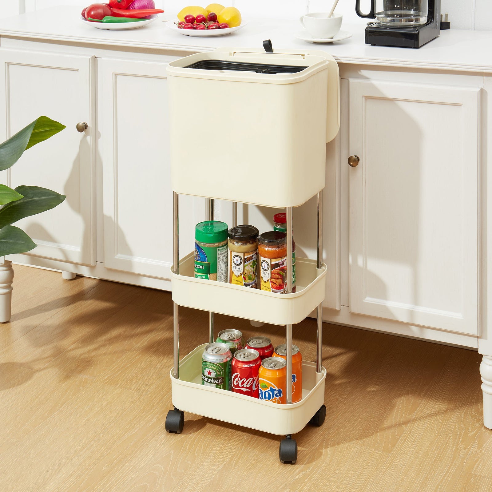 Carucior multifunctional cu cos de gunoi, 3 niveluri cu roti 360°, 78.5 x 24 x 17 cm