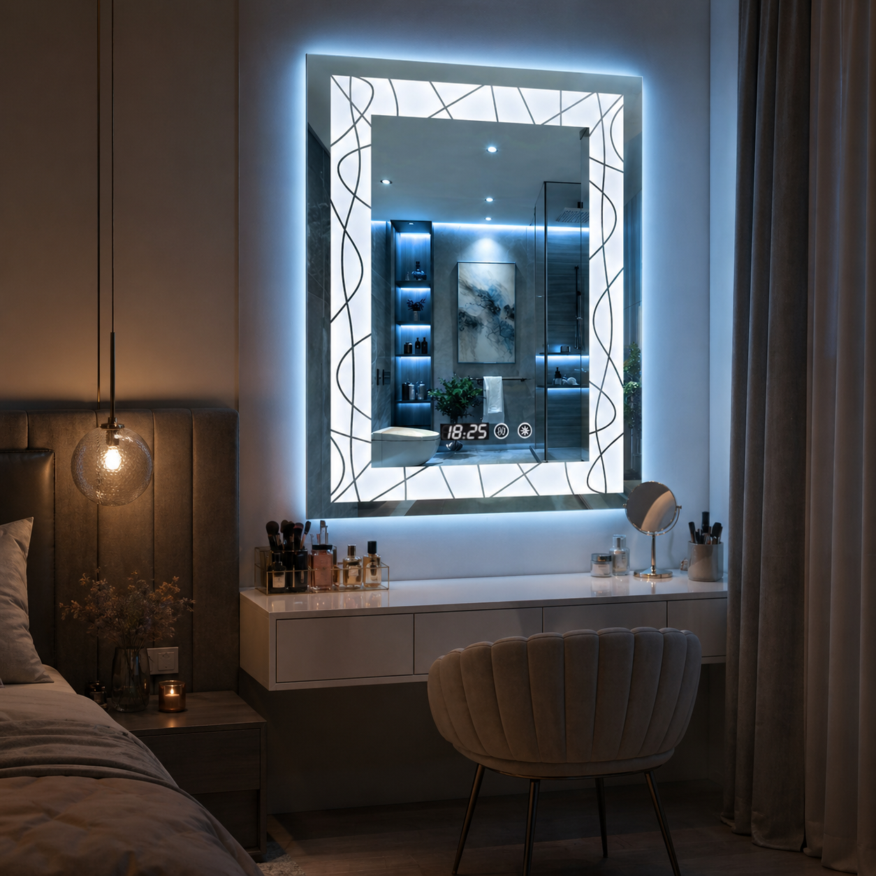 Oglinda LED 60X80 cm cu margini decorative, iluminare ambientala, touch si ceas digital
