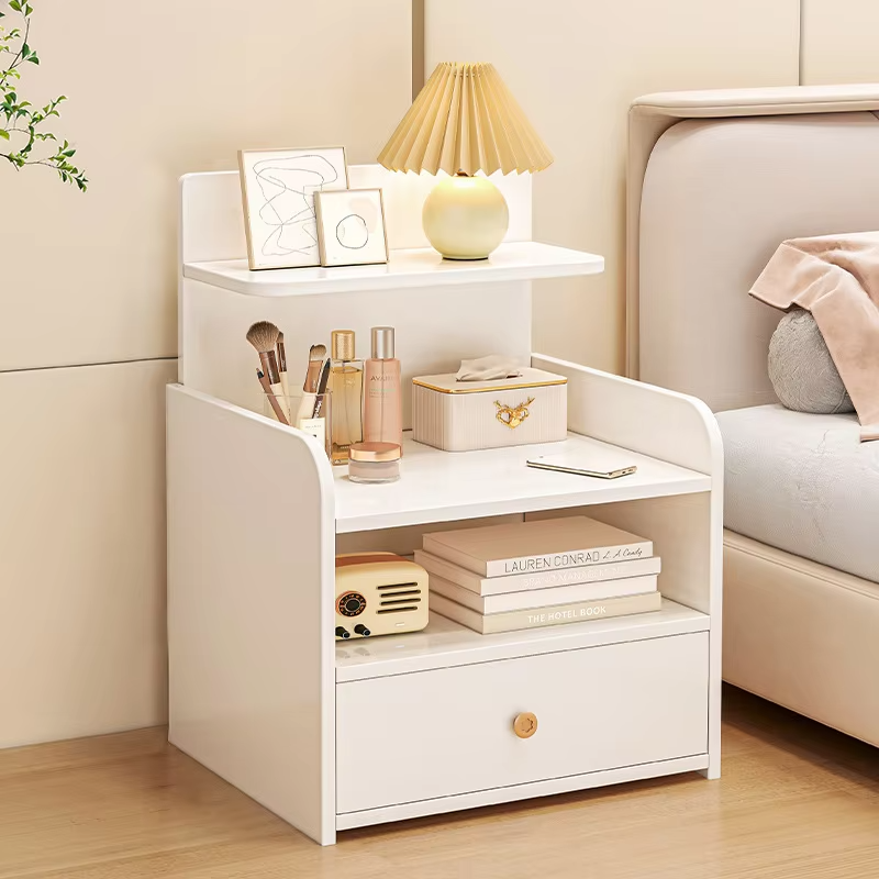 Noptiera moderna cu sertar si 3 polite, 33x26x60cm, alba