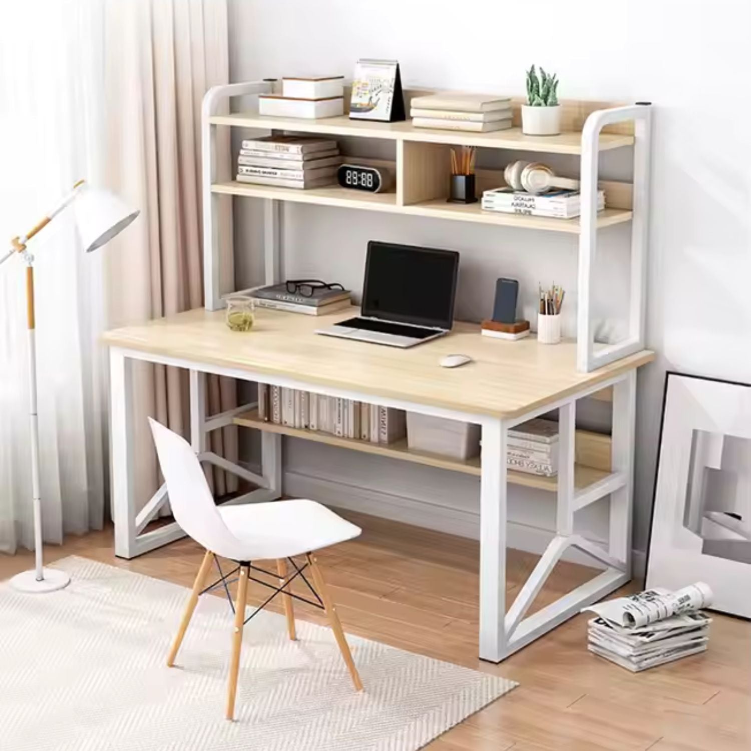 Birou cu rafturi integrate pentru laptop sau calculator – 2 polițe de depozitare, cadru metalic – stejar/gri, 140x60 cm