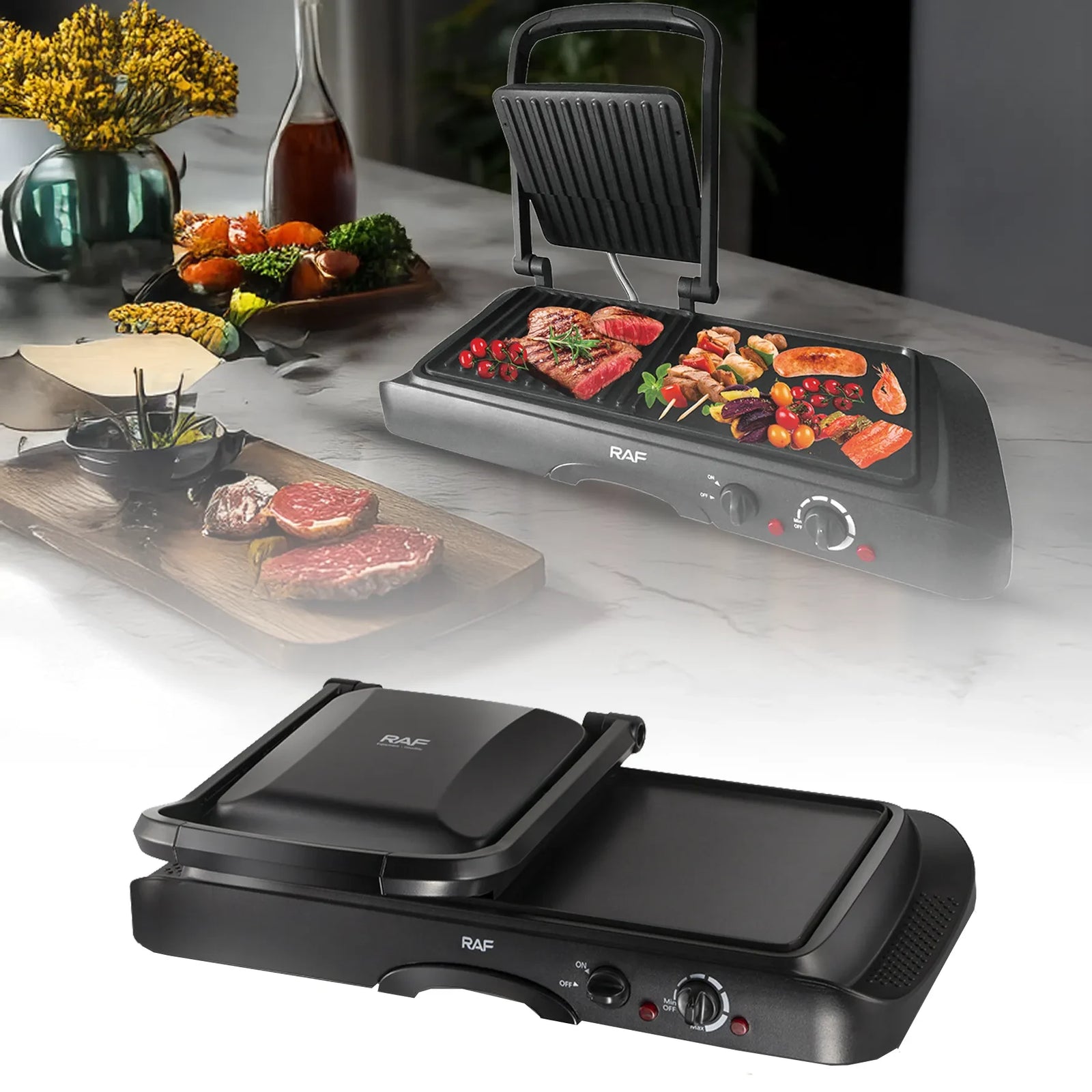 Grill și plită electrică 2 în 1 RAF R.2695 – Putere 1600W, suprafata antiaderenta, temperatura reglabila, culoare negru