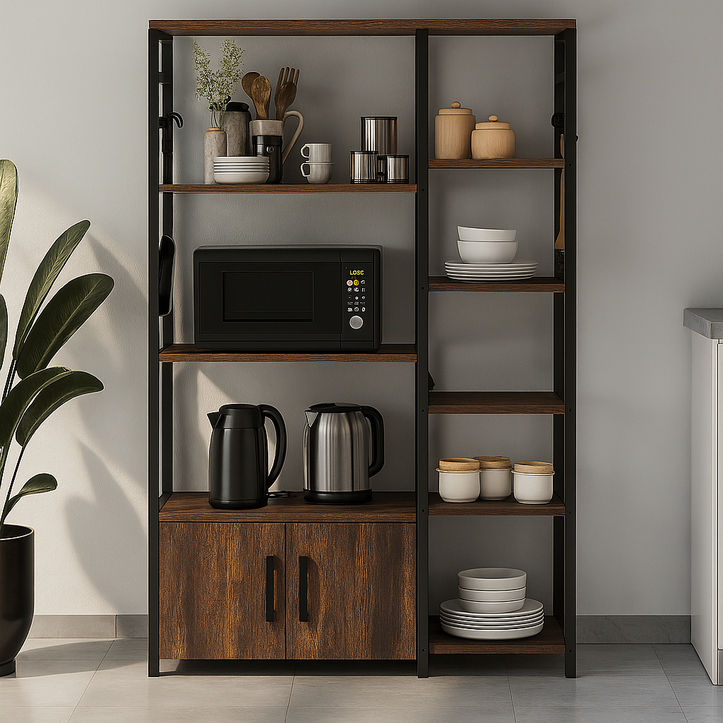 Dulap de bucătărie cu 8 rafturi și 2 uși, cadru metalic, PAL 18 mm, 140,7 x 83,6 x 30,2 cm