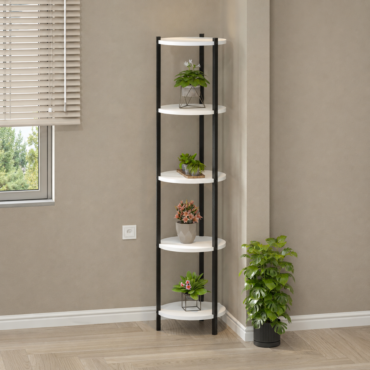 Suport flori si vase Lale cu 5 nivele, etajera decorativa pentru plante carti sau obiecte, cadru metalic + PAL melaminat 18 mm 40 x 160 cm, potrivita living balcon sau birou, stil modern scandinav