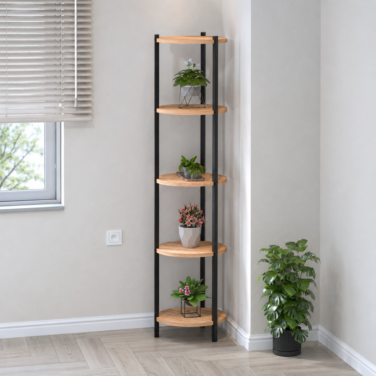 Suport flori si vase Lale cu 5 nivele, etajera decorativa pentru plante carti sau obiecte, cadru metalic + PAL melaminat 18 mm 40 x 160 cm, potrivita living balcon sau birou, stil modern scandinav