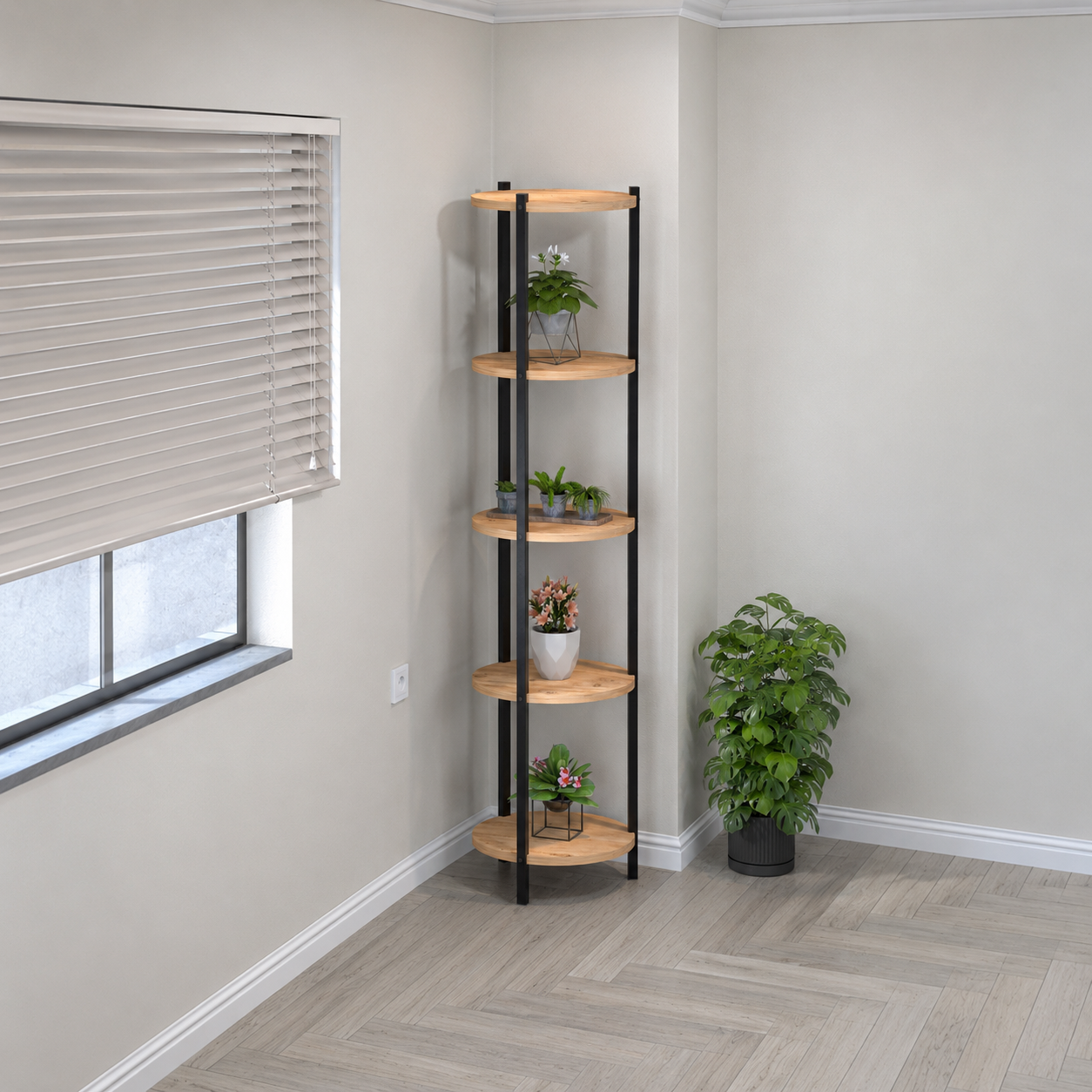 Suport flori si vase Lale cu 5 nivele, etajera decorativa pentru plante carti sau obiecte, cadru metalic + PAL melaminat 18 mm 40 x 160 cm, potrivita living balcon sau birou, stil modern scandinav