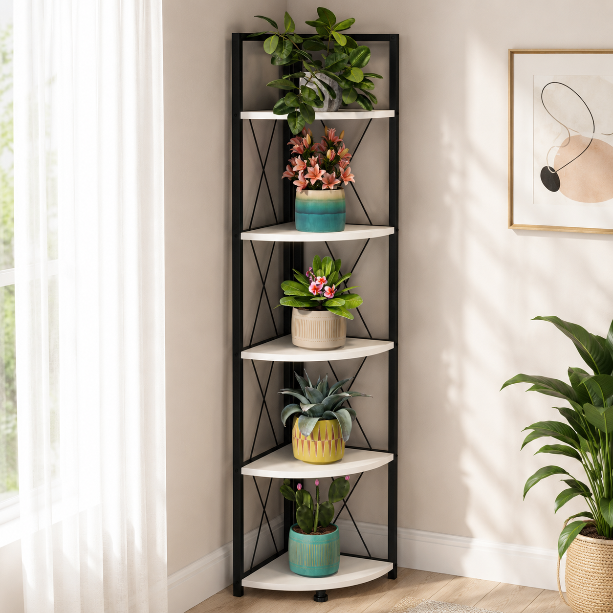 Suport de Colt pentru Plante cu 5 Rafturi, Cadru Metalic, 34 x 160 cm - imagine 7