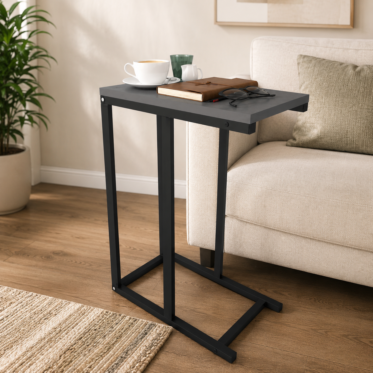 Masuta laterala din metal 45 x 25 cm, side table, masuta canapea compacta, cadru metalic + blat PAL melaminat 18 mm, greutate redusa se misca usor, perfecta langa canapea sau pat, stil modern industrial