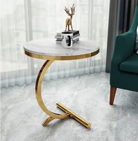 Masa laterala rotunda din otel inoxidabil auriu – stil nordic, model marmura alba 50 x60 cm - imagine 5
